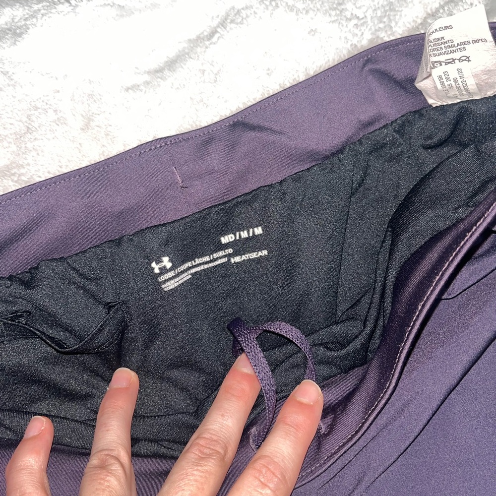 Under Armour Women's Purple Running Shorts with Neon Orange and Pink Accents - Picture 11 of 12